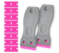 2-Pack Grey Non-Scratch Plastic Scrapers, 8 Pink Replacement Razor Blades, Adhesive Sticker Decal Remover, House & Car Cleaning Tool for Glass, Cooktop, Oven, Stove, Remove Stain, Dirt, Paint, Glue