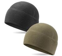 2 Pack Grid Fleece Beanie Watch Cap Waffle Tactical Beanie Multi-Season Army Military Fleece Hat, All Weather Gear, Black/Army Olive, M/One Size