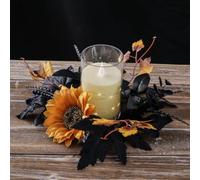 2 Pack Halloween Artificial Eucalyptus Leaves Wreaths Candle Rings Wreaths 10 Inch Small Boho Wreath Pillar Candle Holder for Wedding Home Door Tabletop Decoration (Black-2pc)