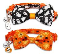 2 Pack Halloween Cat Collar Adjustable Breakaway Collars with Bow Tie Ghost & Spider Web Prints Safety Buckle Soft Nylon for Cats & Small Dogs