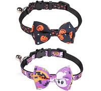2 Pack Halloween Cat Collar Breakaway With Removable Bow Tie With Bell Adjustable Halloween Cat Kitten Accessories Decor Black, Purple