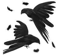 2 Pack Halloween Crows Decoration,Halloween Realistic Handmade Large Crows Halloween Black Feathered Crows Flying Halloween Crows and Raven Prop for Halloween Party Outdoor Indoor Decorations