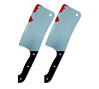 2 Pack Halloween Fake Knife Prop, Realistic Bloody Knives Machete Cleaver & Pitchfork Party Supplies Tricksters Horror Prank Toy Fancy Dress Up Costume Party Accessory (Bloody Cleaver Weapon (2 Pack))
