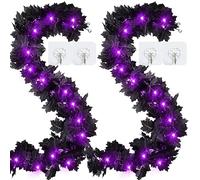 2 Pack Halloween Garland with Purple Lights 5.9FT 20 LED (Included Battery) Black Artificial Maple Leaves Decor Home Mantle Stairs Indoor, Fall Fake Garland Decorations Hanging Wall Door Outdoor