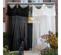 2 Pack Halloween Ghost Hanging Scary Creepy Halloween Wall Decorations, Scary Flying Gauze Ghost Hanging with Skeleton Mask for Indoor Outdoor Wall Background Party (black and white)