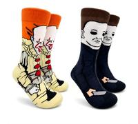 2 Pack Halloween Socks, Horror Character Crew Socks, Fun Gift for Women Men | 2 Novelty Halloween Crew Socks, Horror-Character Prints, Adult-size, for Halloween Night Cosplay, Costumes & Festive Gifting