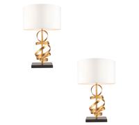 2 PACK Hammered Gold Ribbon Table Lamp Light & Ivory Shade - Black Marble Base