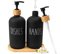 2 Pack Hand and Dish Soap Dispenser Set, 500ML Glass Dish Soap Dispenser Refillable Hand Lotion Bottle with Bamboo Pump and Soap Tray, Black Lotion Pump Bottles for Kitchen Bathroom