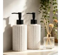 2 Pack Hand Soap Dispenser Set - Modern Ribbed Refillable washing up liquid & Dish Soap Dispensers - Durable shampoo and conditioner dispenser for Bathroom, Kitchen, Laundry Room, Wheat Straw Color