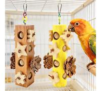 2 Pack Hanging Colourful Wood Block and Pine Cone Chew Activity for Small to Medium Budgies, Caiques, Cockatiels and Conures