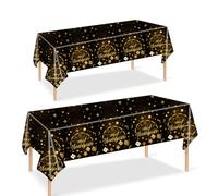 2 Pack Happy New Year 2026 Table Cloth Party,137x274cm Rectangle Large Plastic New Year Tablecloth Black Gold Party Tableware Decora Tablecovers for Winter Holiday New Year Party Dinner Table Cloths