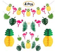 2 Pack Hawaiian Tropical Garland Pineapple Flamingo Banner with 2 PCS Pineapple Honeycomb for Pink Flamingo Hawaiian Tropical Party Birthday Party Decoration