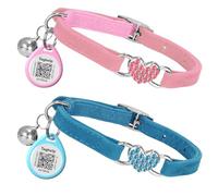 2 Pack-Heart Bling Cat Collar with Safety Belt and Bell Diamond,Adjustable Soft Velvet Leather Safe Kitten Collars with Crystal Heart Charm and Bells,Girl Bling Stylish with Safety Elastic (Blue&Pink)