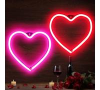 2 Pack Heart Neon Sign LED Neon Lights for Wall Window Decor Valentine's Girl Room Wedding Party Dorm(Pink,Red)