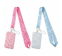 2 Pack Heart Pattern Lanyard with Card Holder, Pink and Blue ID Card Holders Set, Hard Sliding Sleeve for Quick Access, Detachable Neck Strap Fits 2 Cards for Office School Use
