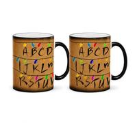 2 Pack Heat-Activated Color Changing Ceramic Coffee Mug, 11 fl oz Alphabet Cord Light Heat Changing Mug, Black Magic Tea Mug for Movie Lovers with Color Gift Box