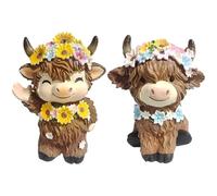 2 Pack Highland Cow Gifts, Highland Cow Decor, Kitchen Highlands Cows Ornaments Family with Flower,for Summer Home Garden Kitchen Office Tiered Tray Table Decors (Yellow)