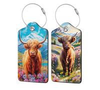 2 Pack Highland Cow Luggage Tag for Suitcase, Cute Unique Leather Bag Tags Identifiers Privacy Cover ID Label with Durable Steel Loop for Women Men Kids Girls Travel, Cattle