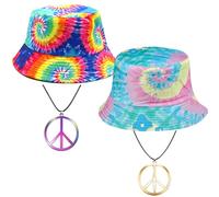 2 Pack Hippie Tie Dye Bucket Hat, Unisex Cotton Reversible Sun Hat Travel Cap, 80s 90s Party Fisherman Hats, Set a, S/L