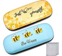 2 Pack Honeybee Hard Shell Glasses Case for Women Bee Yourself Cute Animal Pattern Sunglasses Cases Clamshell Eyeglasses Storage Box with 2 Lens Cleaning Cloth for Sunglasses Protection(Honeybee)