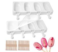 2 Pack Ice Lolly Moulds with 2 Lids & 100 Wooden Sticks, Non-Stick 4 Cavity Silicone Popsicle Mould for Kids Adults, Ice Cream Maker for Dessert Chocolate Cakesicle Pudding DIY (White)