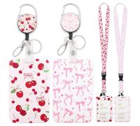 2 Pack ID Badge Holder with Breakaway Lanyard and Retractable Badge Reel, Detachable Lanyard Vertical Card Protector for Office Worker Teacher Student Nurse Doctor, Red Cherry Pink Bow