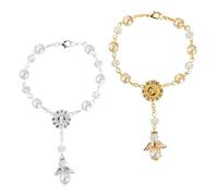 2-Pack Imitation Pearl Rosary Rearview Mirror Pendant with Cross Bracelet Mirror Accessory for Personalising Vehicle Interiors (Gold/Silvery)