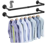 (2 pack) Industrial Pipe Clothes Rack Wall Mounted Heavy Duty Iron Pipe Clothing Garment Rail 92cm