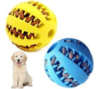 2 Pack Interactive Dog Toys for Treat Dispensing Squeaky Teething Chew Balls Dog Treat Ball for Small Dogs, Clean Teeth & Training (Blue + Yellow)