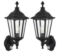 2 Pack Ip44 Outdoor Pir Light Matt Black & Glass Traditional Wall Lantern Motion