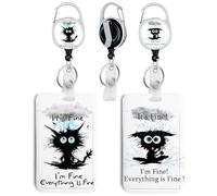 2 Pack It's Fine Black Cat ID Badge Holder with Clip Badge Reels Retractable Heavy Duty,Keychain，ID Holder for School Nurse Office