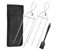 2 Pack Kebab Skewers with Bag and Brush, 3-Prong Skewer 3 Way Stainless Steel BBQ Grilling Skewers, Easy to Use Push Bar Slider, BBQ Accessory Kabob Sticks for Meat, Chicken, Sausages, Veggies