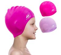 2 Pack Kids Swim Caps for Boys Girls, Durable Silicone Swimming Cap with 3D Ear Pockets for Age 3-15 Toddler Child Youth Teen, Unisex Swim Bath Hats for Short/Long Hair with Ear Plugs Nose Clip-9