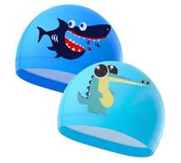 2 Pack Kids Swimming Cap for Boys Girls 4-10 Years Elastic Fabric Swimming Cap Summer Waterproof Cartoon Hat Long and Short Hair Bathing Cap for Childrens Teens, Blue
