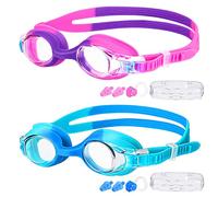 2 Pack Kids Swimming Goggles, Kids Goggles Anti-Fog Leak Proof UV Resist Swimming Goggles for Children Boys Girls, Swim Glasses with Ear Plug Nose Clip Portable Case for Age 3-14 (Purple+Blue)