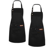 2 Pack Kitchen Apron, Professional Adjustable Black Apron with 2 Pockets, Unisex Canvas Water and Oil Stain Resistant, Kitchen Apron for Cooking, Restaurant, Gardening, BBQ, Baking and Serving