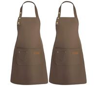 2 Pack Kitchen Apron, Professional Adjustable Brown Apron with 2 Pockets, Unisex Canvas Water and Oil Stain Resistant, Kitchen Apron for Cooking, Restaurant, Gardening, BBQ, Baking and Serving