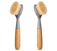 2 Pack Kitchen Dish Brush Bamboo Handle Dish Scrubber Built-in Scraper, Scrub Brush for Pans, Pots, Kitchen Sink Cleaning, Dishwashing and Cleaning Brushes are Perfect Cleaning Tools, Color-Gray