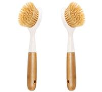 2 Pack Kitchen Dish Brush Bamboo Handle Dish Scrubber Built-in Scraper, Scrub Brush for Pans, Pots, Kitchen Sink Cleaning, Dishwashing and Cleaning Brushes are Perfect Cleaning Tools, White