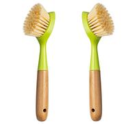 2 Pack Kitchen Dish Brush Bamboo Handle Dish Scrubber Built-in Scraper, Scrub Brush for Pans, Pots, Kitchen Sink Cleaning, Dishwashing and Cleaning Brushes are Perfect Cleaning Tools, Color-Green