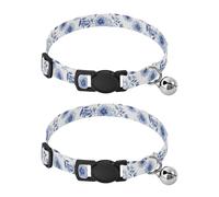2 Pack Kitten Collar Watercolor Blue Floral Leaves Puppy Collar with Bell, Adjustable Length 10.6" to 17.1"