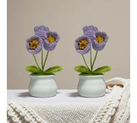 2-Pack Knitting Flowers Potted Plants Handmade Crochet Lily of the Valley, Floral Arrangement in Mini Pot, All-Season Botanical Decor for Home, Office & Gifts (Purple)