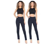 2 Pack Ladies Pull-On Straight Leg Trousers - Stretch Elasticated Waist Work Pants - High Waist Womens Smart Casual Office Wear Bottom- Petite & Plus Sizes - Navy 14 Waist 27 Inside Leg Length