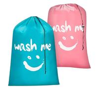2 Pack Large Laundry Bags,24"" x 36"" Portable Travel Laundry Bag with Drawstring Cord,Travels Laundry Bags for Dirty Clothes, Ideal for Travel, Home, Dormitory (Smile(Cyan + Pink))