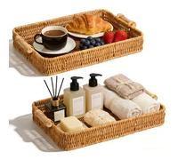 2-Pack Large Rectangular Faux Rattan Serving Tray with Wooden Handles - Durable Woven Plastic Style for Kitchen, Dining, Picnics & Decor, Easy to Clean