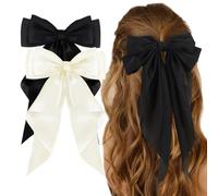2 Pack Large Satin Hair Bow Clips for Women & Girls - Black & White Long Tail French Barrette - Non-Slip Silky Hair Accessories for Ponytails, Braids, Daily Wear & Styling
