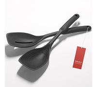 2 Pack Large Silicone Cooking Spoon, Non-Stick Slotted and Solid Spoon set with Deep Bolw and Measurement Mark for Mixing, Serving, Draining, Scooping, Scraping, Heat Resistant Kitchen Utensils, Black