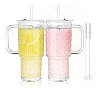 2 Pack Leakproof Glass Tumbler with Handle, 500ml Glass Tumbler with Straw and Lid, Gemstone Texture with Pipette Brush, Iced Coffee Glasses for Iced Latte, Matcha, Cold Drinks