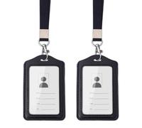 2 Pack Leather Badge Holder, Double Sided Clear Lanyard with Card Holder for Work Office Oyster Card Bus Pass, Durable ID Card Holder for Business, Events Easy Access and Everyday Use
