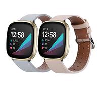 2 Pack Leather Bands Compatible with Fitbit Versa 3 Bands/Fitbit Sense Bands for Women Men, Classic Soft Leather Replacement Wristbands Strap for Fitbit Versa 3 / Fitbit Sense